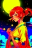 Placeholder: (Asian), short hair, fiery red hair hair, normal hands yukata, yellow clothes, 8k, best quality, winking, very dark night time, lighting from moon yellow moon, perfect, masterpiece, anime style, cartoon style,