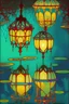 Placeholder: Ghostly Lanterns floating on water, abstract and surreal landscape, ethereal feel, reflection in water, serene and peaceful with deep colors, striking pallet, richly colorful, masterpiece, museum quality, professional, fine art, detailed, split-complementary colors , Alphonse Mucha, Gustav Klimt, art nouveau, maximalist, ,