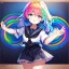 Placeholder: Clear focus,High resolution, Black and Rainbow short fluffy hair, and rainbow eyes, wearing a sailor uniform, must wear a short skirt with a horizontal line