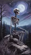 Placeholder: A oil painting of a skeleton sitting on the top of a hill, lookin into the night sky. A Forrest in the background. Painting. Purple colours. Blue colours. Night. Melancholic mood. Colorful.Pastel colours. Masterpiece.