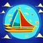 Placeholder: Legend Of Zelda: Wind Waker style Small wooden ship, with bright sails, on a vast ocean, stylized, colorful, adventurous, full view.