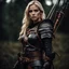 Placeholder: portrait of a 20 year old blonde female warrior wearing leather half armour and carrying a bow, dark fantasy