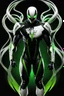 Placeholder: Cyborg symbiote, white color, green color, tendrils, high tech, cyberpunk, biopunk, membrane wings, carbon fiber, cyber tentacles, and the other two.