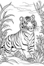 Placeholder: Showcase a cute tiger in a lush Asian rainforest, clean line art, white background, no shadows, black and white coloring book.