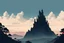 Placeholder: Nature,castle silhouette in the horizon ,mountain, ghibli style