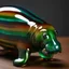 Placeholder: a blown glass manatee with rainbow-hued stripes, early 20th century Art Deco. Elegant and intricate detailing super realistic