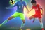 Placeholder: Oil painting, full body of a soccer player, he is kicking the ball, the ball is flying, bright but not neon colours, dynamic lines, dynamic blobs, spots, lines in the background of the character, splash like a colour explosion