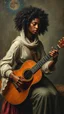 Placeholder: Hieronymus Bosch style , an black women with big curly hair playing the acoustic guitar