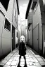 Placeholder: girl is standing in alley, fisheye camera, greyscale