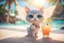 Placeholder: cute chibi cat fairy in a tropical beach with cocktail in sunshine, ethereal, cinematic postprocessing, dof, bokeh