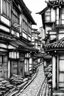 Placeholder: tokyo old street,Line Drawing, A classic black-and-white line drawing style with intricate details and clean lines. The streets are depicted with precision, capturing the architectural diversity of tokyo corner. The drawing will be realized as a traditional pen and ink illustration, with fine-tipped pens used for precise linework and shading