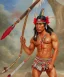 Placeholder: Guaicaipuro, native american god warrior, long black hair, big muscles, red feathers headdress, shirtless, holding a stone tip spear