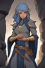 Placeholder: Dnd character in a dark cave. Leaning against a wall. A female Elf twilight cleric with curly, super short, blue hair and golden eyes, wearing gray and dark blue robes. Etheral, muscular, strong.