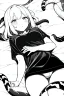 Placeholder: girl in T-shirt lying on the ground and covered with snakes, greyscale