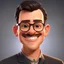 Placeholder: a portrait of smiling western man. caricature. black short hair. light skin. black eye pupils. rectangle eyeglasses, black frame. oval face shape. thick black goatee and moustache. wear black formal dress. pixar style. 3D. 4k. portrait. highly detailed. sharp focus. high resolution. full color. cinema lighting