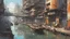 Placeholder: Water-level view of buildings made of reused dirty rusty metal next to futuristic canal junction, cyberpunk, many painted colours, flying boats, balconies, bridges, people, shopping, eating, walking, fifth element, ghost in the shell, altered carbon, Ian McQue, lineart and watercolour