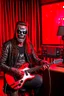 Placeholder: A fire starts in a radio studio, a Terminator T800 drums, a radio host of a hard rock show plays guitar, the host wears a gas mask and a black Iron Maiden shirt.