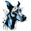 Placeholder: Modern tattoo motifs, abstract and minimalistic ink drawing, Bold and dynamic, design on a white background, The picture shows a wider head of a short-haired crossbreed dog of a dark color, without light patches on the faces, of a firmer stature with very short drooping earsThe image consists of black and blue colors. The tattoo is with detailed shading. The dog has a cheerful and mischievous look and a sticking out tongue, he smiles