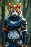 Placeholder: full body of a Tabaxi female paladin in D&D style, Dnd Tabaxi, white and black and orange calico fur pattern, large feminine chest, blue eyes, fantasy forest background, background slightly out of focus, ultra realistic, highly detailed, facing front, wearing full plate armor and black leather armor, wearing blue and orange fabric, blue scarf, full plate armor