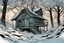 Placeholder: winter tree house , overgrown apocalyptic background, comic book,