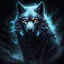 Placeholder: Super cool ghostly spiritual wolf with menacing glowing eyes In a dark room. It sits alone staring straightly and deeply at us, it has a painted-anime style.