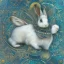 Placeholder: white platinum rabbit with blue third aye and butterfly wings, aboriginal, dot painting, indiginous, dot, mud, dream-time, abstract, dots, natural pigment, extremely sharp detail, finely tuned detail, ultra high definition, 8 k, unreal engine 5, ultra sharp focus, art germ and Paul Lewin and Kehinde Wiley, winter ambiance