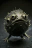 Placeholder: Solid spherical creature, four black eyes, very small mouth, lighting body, The creature is iron, high details, stunning realistic photograph