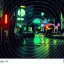 Placeholder: cyborg on wretched city street poignant cyberpunk neon lights rainy atmosphere night time, clear view, high detail, mechanical, circuits