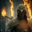 Placeholder: warrior walking into the flame, cinematic, HDR, highly detailed, mask cover whole face and hood, scull mask, ProPhoto RGB, Half rear Lighting, nsane details, intricate details, 32k, Super-Resolution, DOF, Color Grading, Depth of Field, ghost, messenger of death, non photorealistic rendering, Fire theme art