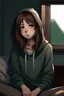 Placeholder: anime porträ mit einem mädchen, sie ist 15 jahre, grüne augen, b raune mittel lange haar. Hoodie und kurze schwarze hosen. Sie sitzt auf ihrem Bett neben ihr ist ei fenster. Es ist dunkel draussen und in ihrem zimmer. Sie sitzt vor ihrem laptop und schaut un ihren laptop