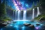 Placeholder: a magic waterfall of crystal clear water in a cosmic landscape with rich feral forest. in the background there is a bright sky with beam and galaxy