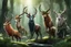 Placeholder: Let's get creative with this line of creatures, all from the same species but each with its own unique twist. On the far left, a graceful faun, a creature of the forest with delicate features and a mischievous glint in its eye. Next, a powerful satyr, exuding raw energy and wildness, ready to leap into action. In the middle, a majestic centaur, embodying strength and wisdom, with the body of a horse seamlessly fused with the torso of a noble warrior. And on the far right, a menacing minotaur, ha