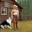 Placeholder: cowgirl in front of cabin with a border collie dog, 8k, high-quality, ultra-fine detail, Brian Froud, Howard Lyon, Alfredo Rodriguez, Jack Sorenson