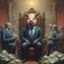 Placeholder: rich pig in suit on a throne making stacks of money by making a deal with a buisnessman. background of musicians. beksinski style