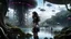 Placeholder: Detailed matte painting of a wide-angle shot of a woman, standing on the left side of the shot, with dark hair in a silver robotic catsuit, many large floating jellyfish with octopus tentacles, alien jungle trees in the distance, with an alien beach and lake