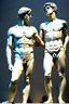 Placeholder: in a modern art display, two famous statues are next to each other, one is David and the other is the Discobulus statue. The discobulus hand covers the private part of David, they both look disgusted at each other