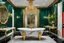 Placeholder: Malachite bathroom with a white marble bathtub on gold baroque legs, a marble sink with a gold vase faucet, and a gold-framed oval mirror with a gold towel holder, in an eccentric, luxurious style, high fetailed, cinematic