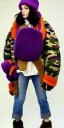 Placeholder: Brunette she. average body type. big head. Mantle is sewed of upcycled Denim and sewed together of camouflage pieces. Pieces' color are orange, cream and purple. It is with big bright purple felt tippet and cream-colored-hood. mantle is merged with satchel. . Big AKG-style headphones (gold rings!) is merged with small felt cap with small visor. Style: Haute Couture in 1910's, Paris fashion in 1998, inspired by street art. Cream latex gaiter. Her head and rest body!