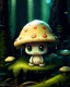 Placeholder: A melancholic kawaii mushroom with a tiny, frowning mouth and big droopy eyes, sitting on a mossy log in a quiet and peaceful forest, lost in its own thoughtsto add personality