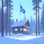 Placeholder: house in the forest, Winter, snow, very cold, Finnish flagpole, Finnish flag, Simon Stålenhag style