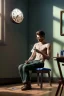 Placeholder: A young man sitting on a chair giving himself an injection, medicines and drugs on the table next to him, a clock on the wall, 8k, finely detailed, photo realistic.