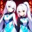 Placeholder: Clear focus, 8k, beautiful lighting, vibrant colors, girl, white hair, long hair, vibrant red eye, ponytail, same twins, white hair, blue eye, same clothes, blue eye, red eye,