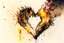 Placeholder: double exposure, merged layers, fireplace with dynamically blazing fire in coffee color, ink splatter art, watercolor and ink, golden glitters, double exposure heart and love