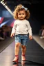 Placeholder: 2 years old baby girl with clothing like fashion model with high heels ,curvy wavy hair ,cat walks in runway