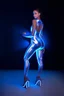 Placeholder: A luminescent young woman, clad in futuristic iridescent jumpsuit attire, strikes a pose for an editorial photo. Exuding neon aesthetics, the rim light highlights her figure, exposing a portion of her body. The image captures her striking presence, with sleek and modern clothing contrasting against the dark backdrop. The high-quality photograph radiates a sense of power and style, drawing viewers into the futuristic world of the model's attire. She is in the middle of lab setup