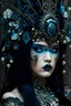 Placeholder: Beautiful young faced voidcore metallic filigree steampunk woman black haired portrait textured azurite ribbed hát headdress ribbed with voidcore style mineral stone ribbed headdress, black pearls i, white crystals n the long black hair, textured floral embossepattern embossed decadent black and light blue and beige costume extremelmly detailed intricate 8 k organic bio spinal ribbed detail of floral embossed voidcore decadent angelic background resolutio maximálist concept portrait t art