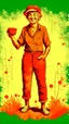 Placeholder: full body of an old woman in a bloody worker overalls smiles and proudly holds a coconut from which she drinks pleasantly, in the background reality disintegrates into a digital abyss, in the style of Umberto Boccioni