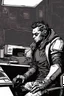 Placeholder: man, cyberpunk, sitting at a computer, comic book art style,