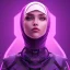 Placeholder: Cute girl face in hijab, Sci-fi character, purple backlight, pink and purple, scifi suit, profile, purple background, pink lighting