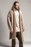 Placeholder: Man's large and long and beige knitted jumper opened on front in square shape